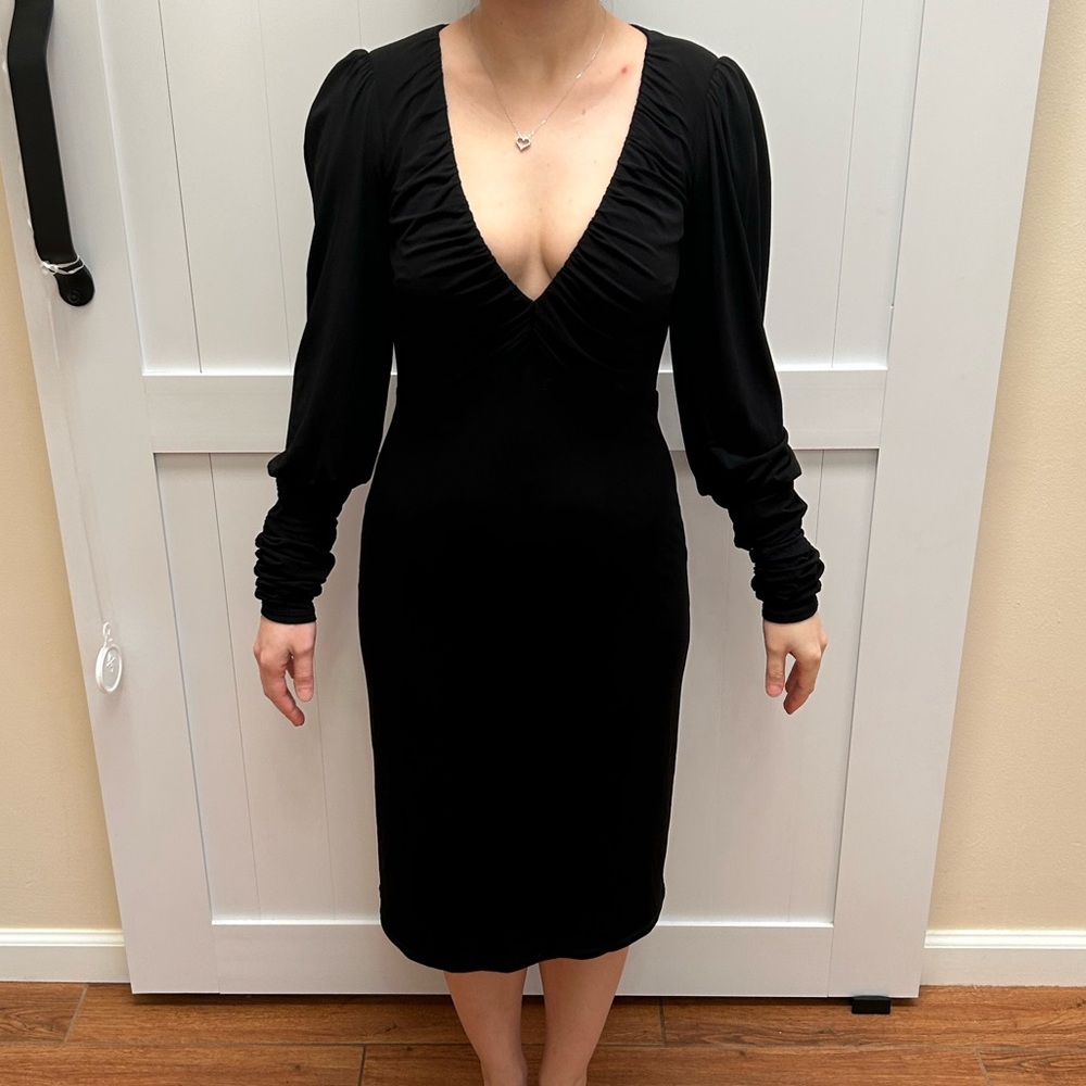 DAVID MEISTER Black long sleeve midi cocktail dress V-neck size 4